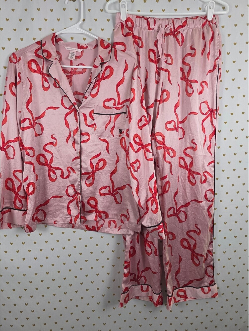 Victorias Secret Satin Bows Sleep Set 2pc Button Down Shirt Pants Small Pink